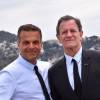 Steve Suissa, metteur en scène, et l'acteur Francis Huster sont sur la Promenade des Anglais après avoir participé à une conférence de presse le 2 mai 2016, à la mairie de Nice afin d'annoncer la création d'une troupe de théâtre dans la cité azuréenne. ©Bruno Bebert / Bestimage