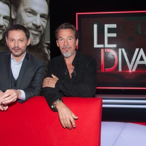 Exclusif - Florent Pagny et Marc-Olivier Fogiel, sur le tournage de l'émission "Le Divan de Marc-Olivier Fogiel". Avril 2016. © Cyril Moreau
