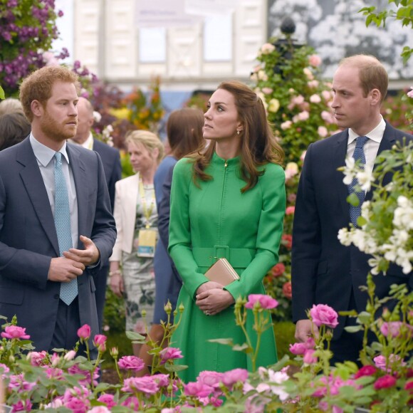 Le prince William, la duchesse Catherine de Cambridge et le prince Harry en visite au Chelsea Flower Show 2016 à Londres, le 23 mai 2016.