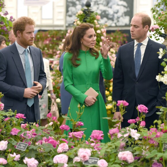 Le prince William, la duchesse Catherine de Cambridge et le prince Harry en visite au Chelsea Flower Show 2016 à Londres, le 23 mai 2016.