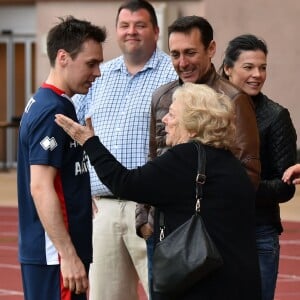 Louis Ducruet, fils de la princesse Stéphanie de Monaco, avec son père Daniel Ducruet (venu avec sa compagne Kelly) et sa grand-mère Maguy Ducruet lors du traditionnel match de football caritatif opposant l'A.S. Star Team for Children à l'Association Mondiale des Pilotes de F1, au stade Louis-II le 24 mai 2016 à Monaco. Les pilotes ont remporté le match sur le score de 3 à 1. © Bruno Bebert / Bestimage