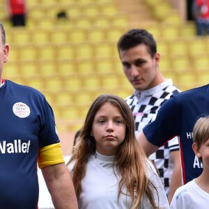 Le prince Albert II de Monaco et son neveu Louis Ducruet ont joué ensemble au sein de la Star Team for Children lors du traditionnel match de football caritatif opposant l'A.S. Star Team for Children à l'Association Mondiale des Pilotes de F1, au stade Louis-II le 24 mai 2016 à Monaco. Les pilotes ont remporté le match sur le score de 3 à 1. © Bruno Bebert / Bestimage