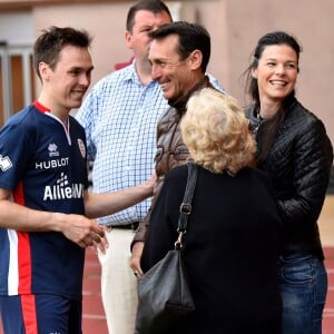 Louis Ducruet, fils de la princesse Stéphanie de Monaco, avec son père Daniel Ducruet (venu avec sa compagne Kelly) et sa grand-mère Maguy Ducruet lors du traditionnel match de football caritatif opposant l'A.S. Star Team for Children à l'Association Mondiale des Pilotes de F1, au stade Louis-II le 24 mai 2016 à Monaco. Les pilotes ont remporté le match sur le score de 3 à 1. © Bruno Bebert / Bestimage