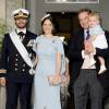 Le prince Carl Philip et la princesse Sofia (Hellqvist), Chris O'Neill et son fils le prince Nicolas - Baptême du prince Oscar de Suède à Stockholm en Suède le 27 mai 2016.