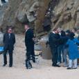 Exclusif - Arnold Schwarzenegger tourne dans la plus grande discrétion, dans une tenue de type militaire/agent secret, sur une plage de la Costa Brava, une publicité pour la sortie d'un jeu vidéo. Gérone, Espagne, le 24 mai 2016.