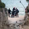 Exclusif - Arnold Schwarzenegger tourne dans la plus grande discrétion, dans une tenue de type militaire/agent secret, sur une plage de la Costa Brava, une publicité pour la sortie d'un jeu vidéo. Gérone, Espagne, le 24 mai 2016.