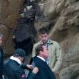 Exclusif - Arnold Schwarzenegger tourne dans la plus grande discrétion, dans une tenue de type militaire/agent secret, sur une plage de la Costa Brava, une publicité pour la sortie d'un jeu vidéo. Gérone, Espagne, le 24 mai 2016.