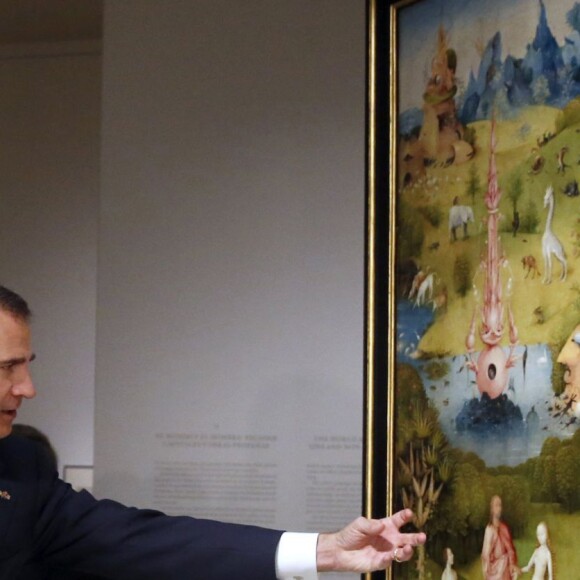 Le roi Felipe VI, la reine Letizia d'Espagne et la princesse Beatrix des Pays-Bas ont inauguré l'exposition "El Bosco" consacrée au peintre Jérôme Bosch au musée du Prado à Madrid, le 30 mai 2016.