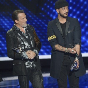 Semi-Exclusif - Florent Pagny, le gagnant, Slimane, et Nikos Aliagas - Plateau de la finale de l'émission "The Voice" à Paris. Le 14 mai 2016 © Coadic Guirec / Bestimage