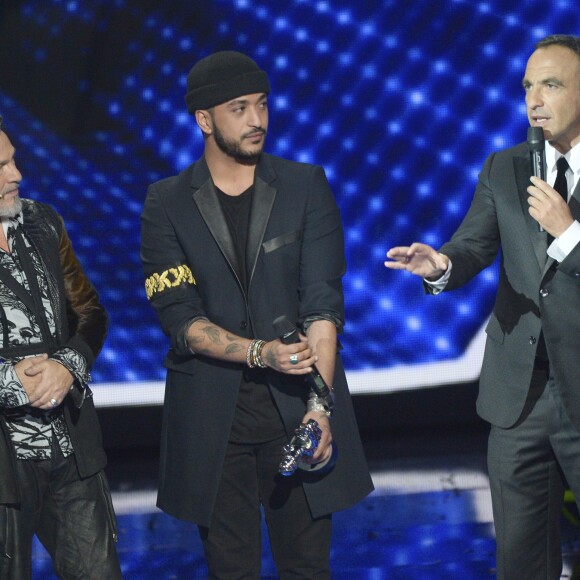 Semi-Exclusif - Florent Pagny, le gagnant, Slimane, et Nikos Aliagas - Plateau de la finale de l'émission "The Voice" à Paris. Le 14 mai 2016 © Coadic Guirec / Bestimage