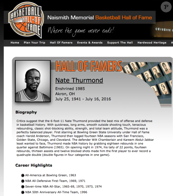Nate Thurmond, légende des Golden State Warriors et de la NBA, est mort le 16 juillet 2016 à l'âge de 74 ans, des suites d'une leucémie.