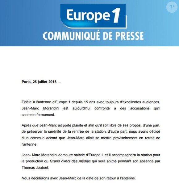 Communiqué de presse d'Europe 1 à la suite de l'affaire Jean-Marc Morandini