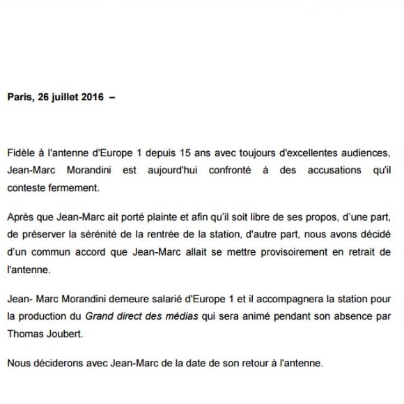 Communiqué de presse d'Europe 1 à la suite de l'affaire Jean-Marc Morandini