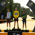 Romain Bardet, Christopher Froome, Nairo Quintana, le podium final du Tour de France 2016, sur les Champs-Élysées à Paris le 24 juillet 2016 à l'issue de la dernière étape. © Coadic Guirec / Bestimage