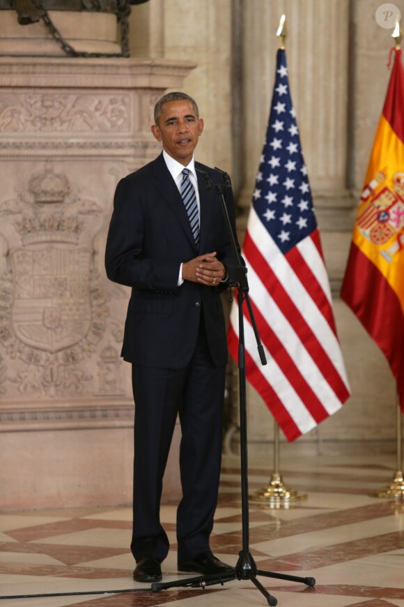 Le roi Felipe VI d'Espagne reçoit le président Barack Obama au Palais Royal de Madrid en Espagne le 10 juillet 2016.