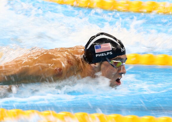 Michael Phelps pendant le 200m masculin quatre nages individuel aux Jeux Olympiques (JO) de Rio 2016 à Rio de Janeiro, Brésil, le 11 août 2016
