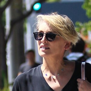 Sharon Stone se promène et fait du shopping avec un ami dans les rues de Beverly Hills, le 4 aout 2016