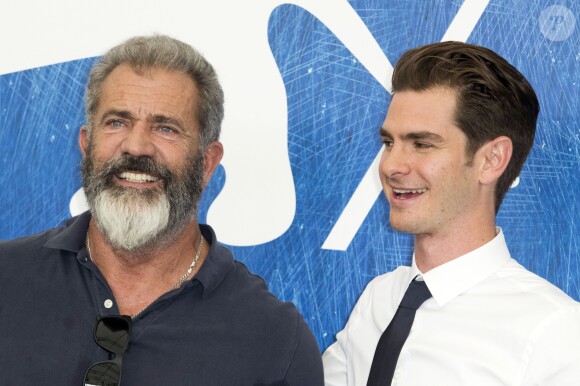 Mel Gibson et Andrew Garfield lors du photocall du film ''Hacksaw Ridge'' lors du 73e Festival du Film de Venise, la Mostra, le 4 septembre 2016.