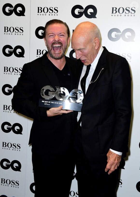 Patrick Stewart et Ricky Gervais aux GQ Men of the Year Awards 2016 à Londres le 6 septembre.