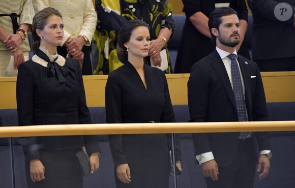 La princesse Madeleine, la princesse Sofia et le prince Carl Philip de Suède le 13 septembre 2016 lors de la cérémonie d'inauguration du Parlement pour l'exercice 2016-2017, au Riksdagshuset à Stockholm.