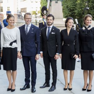 La famille royale de Suède - ici la reine Silvia, la princesse Victoria, le prince Daniel, le prince Carl Philip, la princesse Sofia et la princesse Madeleine - prenait part le 13 septembre 2016 à la cérémonie d'inauguration du Parlement pour l'exercice 2016-2017, au Riksdagshuset à Stockholm.