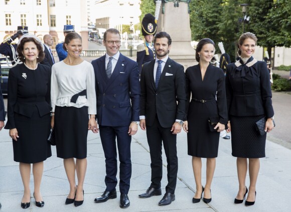 La famille royale de Suède - ici la reine Silvia, la princesse Victoria, le prince Daniel, le prince Carl Philip, la princesse Sofia et la princesse Madeleine - prenait part le 13 septembre 2016 à la cérémonie d'inauguration du Parlement pour l'exercice 2016-2017, au Riksdagshuset à Stockholm.
