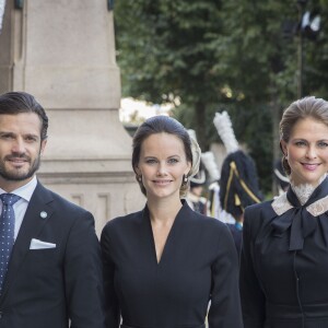 La princesse Madeleine de Suède, le prince Carl Philip et la princesse Sofia le 13 septembre 2016 à la cérémonie d'inauguration du Parlement pour l'exercice 2016-2017, au Riksdagshuset à Stockholm.