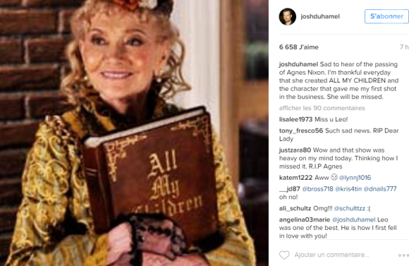 Josh Duhamel rend hommage à Agnes Nixon sur Instagram le 28 septembre 2016.