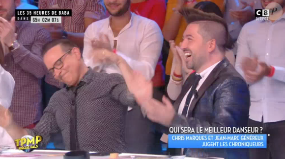 Capucine Anav et Jean-Michel Maire dansent face à Jean-Marc Généreux et Chris Marques dans "Touche pas à mon poste" sur C8. Le10 octobre 2016.