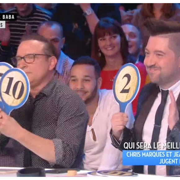 Capucine Anav et Jean-Michel Maire dansent face à Jean-Marc Généreux et Chris Marques dans "Touche pas à mon poste" sur C8. Le10 octobre 2016.