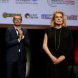 Bertrand Tavernier, Lambert Wilson et Catherine Deneuve lors de la remise du Prix Lumière 2016 à Catherine Deneuve durant le 8ème Festival Lumière à Lyon, le 14 octobre 2016