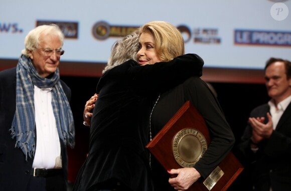 Roman Polanski, Bertrand Tavernier et Catherine Deneuve lors de la remise du Prix Lumière 2016 à Catherine Deneuve durant le 8ème Festival Lumière à Lyon, le 14 octobre 2016
