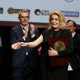 Roman Polanski, Bertrand Tavernier, Lambert Wilson et Catherine Deneuve lors de la remise du Prix Lumière 2016 à Catherine Deneuve durant le 8ème Festival Lumière à Lyon, le 14 octobre 2016