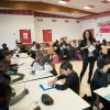Amel Bent lors de la lecture de la dictée ELA à des élèves de la classe de 6ème au Collège Pablo Neruda à Aulnay-sous-Bois, France, le 17 octobre 2016, lors de la campagne nationale "Mets tes baskets et bats la maladie à l'école".