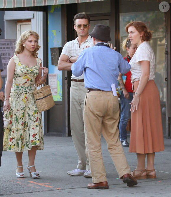 Justin Timberlake, Kate Winslet, Juno Temple et Woody Allen en tournage à New York, le 18 octobre 2016.