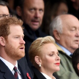 Le prince Harry, la princesse Charlène de Monaco et son frère Gareth Wittstock assistent au match de rugby Angleterre - Afrique du Sud, dans le cadre de la tournée d'automne 2016 au Twickenham Stadium à Londres, le 12 novembre 2016. L'Angleterre a remporté le match (37-21).