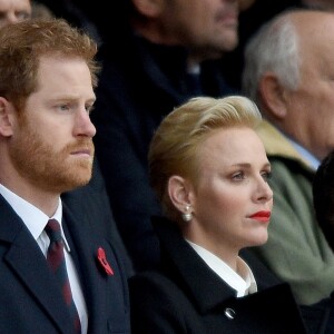 Le prince Harry, la princesse Charlène de Monaco et son frère Gareth Wittstock assistent au match de rugby Angleterre - Afrique du Sud, dans le cadre de la tournée d'automne 2016 au Twickenham Stadium à Londres, le 12 novembre 2016. L'Angleterre a remporté le match (37-21).