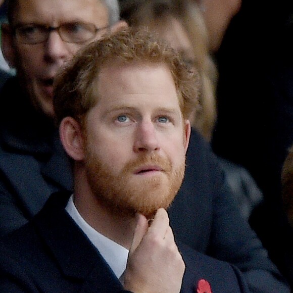 Le prince Harry, la princesse Charlène de Monaco et son frère Gareth Wittstock assistent au match de rugby Angleterre - Afrique du Sud, dans le cadre de la tournée d'automne 2016 au Twickenham Stadium à Londres, le 12 novembre 2016. L'Angleterre a remporté le match (37-21).