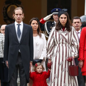 Andrea Casiraghi, sa femme Tatiana Santo Domingo et leur fille India Casiraghi dans la cour d'honneur du palais princier le 19 novembre 2016 pour la prise d'armes dans le cadre de la Fête nationale monégasque. Autour du couple princier étaient rassemblés la princesse Caroline, Andrea Casiraghi avec son épouse Tatiana Santo Domingo et leurs enfants Sasha et India, Charlotte Casiraghi, Pierre Casiraghi et sa compagne Beatrice Borromeo, enceinte de leur premier enfant, la princesse Alexandra de Hanovre, la princesse Stéphanie de Monaco et son fils Louis Ducruet, ainsi que Mélanie de Lusignan. © Olivier Huitel / Crystal Pictures / Pool Restreint Monaco / Bestimage