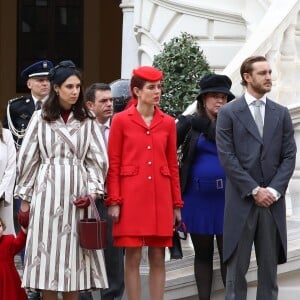 La famille princière de Monaco dans la cour d'honneur du palais princier le 19 novembre 2016 pour la prise d'armes dans le cadre de la Fête nationale monégasque. Autour du prince Albert et de la princesse Charlene étaient rassemblés la princesse Caroline, Andrea Casiraghi avec son épouse Tatiana Santo Domingo et leurs enfants Sasha et India, Charlotte Casiraghi, Pierre Casiraghi et sa compagne Beatrice Borromeo, enceinte de leur premier enfant, la princesse Alexandra de Hanovre, la princesse Stéphanie de Monaco et son fils Louis Ducruet, ainsi que Mélanie de Lusignan. © Olivier Huitel / Crystal Pictures / Pool Restreint Monaco / Bestimage