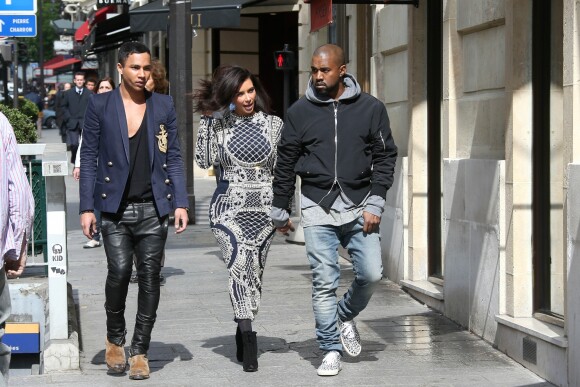 Olivier Rousteing, Kim Kardashian et Kanye West à Paris le 14 avril 2014.