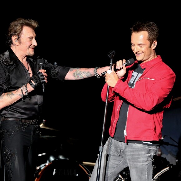 Exclusif - David Hallyday - Johnny Hallyday en duo pour son 2eme concert de la tournee "Born Rocker Tour" au POPB de Bercy a Paris. Le 15 juin 2013