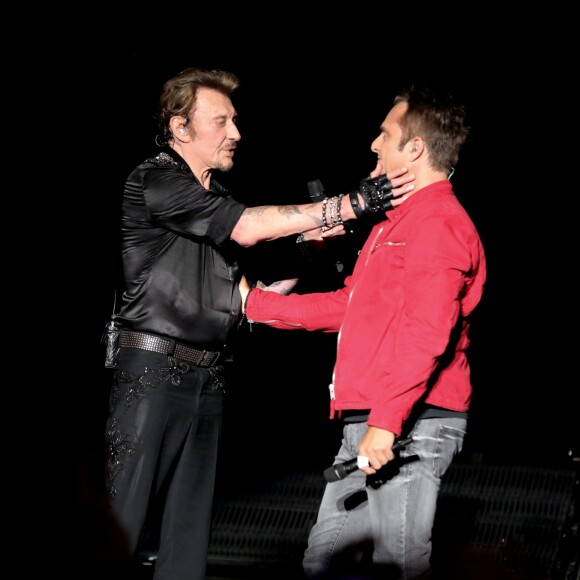Exclusif - David Hallyday - Johnny Hallyday en duo pour son 2eme concert de la tournee "Born Rocker Tour" au POPB de Bercy a Paris. Le 15 juin 2013