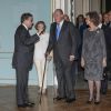 Le roi Juan Carlos Ier d'Espagne et la reine Sofia étaient exceptionnellement réunis en public pour inaugurer une exposition consacrée au roi Carlos III au Palais royal de Madrid, le 5 décembre 2016.