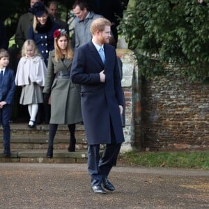 Le prince Harry à la messe de Noël avec la famille royale à l'église de Sandringham le 25 décembre 2016.