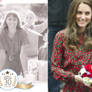 Carole Middleton à 34 ans en 1989 sur un flyer de sa société Party Pieces / Sa fille Catherine en décembre 2016 (photo BestImage) au même âge lors d'un événement Heads Together à Londres.