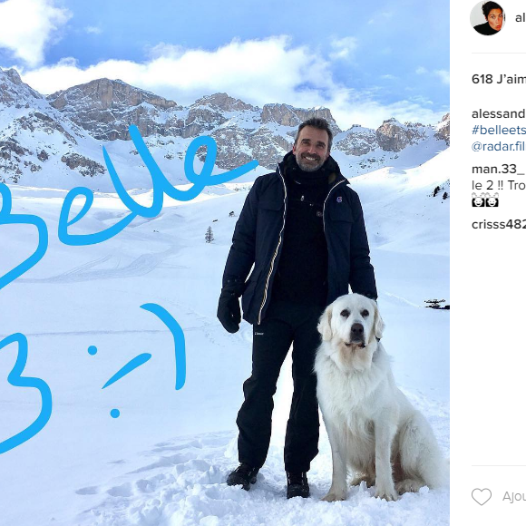 Clément Mise­rez à l'Alpe d'Huez, le tournage de la suite de "Belle et Sébastien" a débuté. Il en assure la production. Photo postée par sa femme Alessandra Sublet sur Instagram le 20 janvier 2017.