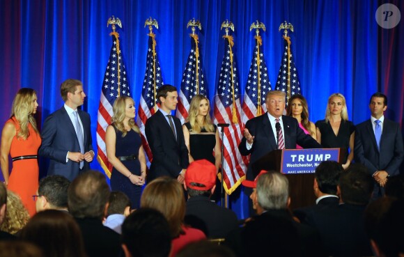 Ivanka Trump et son mari Jared Kushner, Melania Trump - Donald Trump s'adresse à ses supporters et aux médias pendant un meeting à Briarcliff Manor, NY on June 7, 2016. © Agence/Bestimage