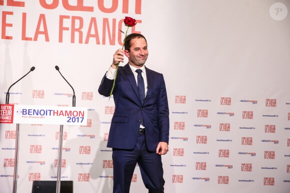 =Benoît Hamon, vainqueur du second tour de la primaire à gauche à la Maison de la Mutualité à Paris le 29 janvier 2017.