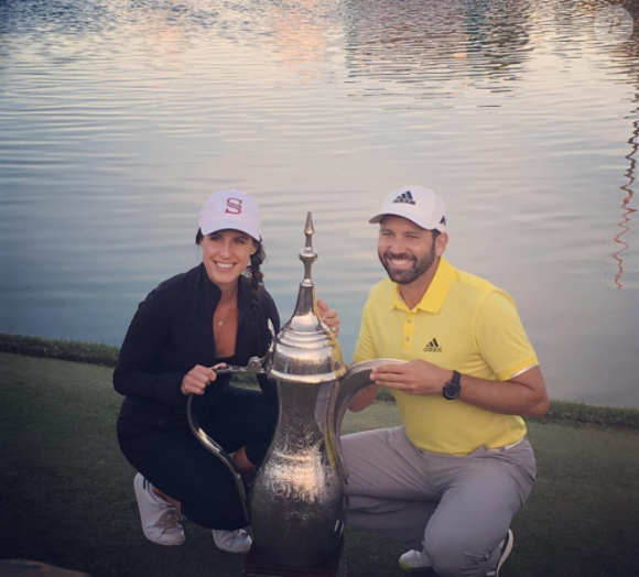 Sergio Garcia et Angela Akins se sont fiancés - ici après la victoire du golfeur à l'Open de Dubai en janvier 2017 - lors du nouvel an 2017. Photo Instagram.